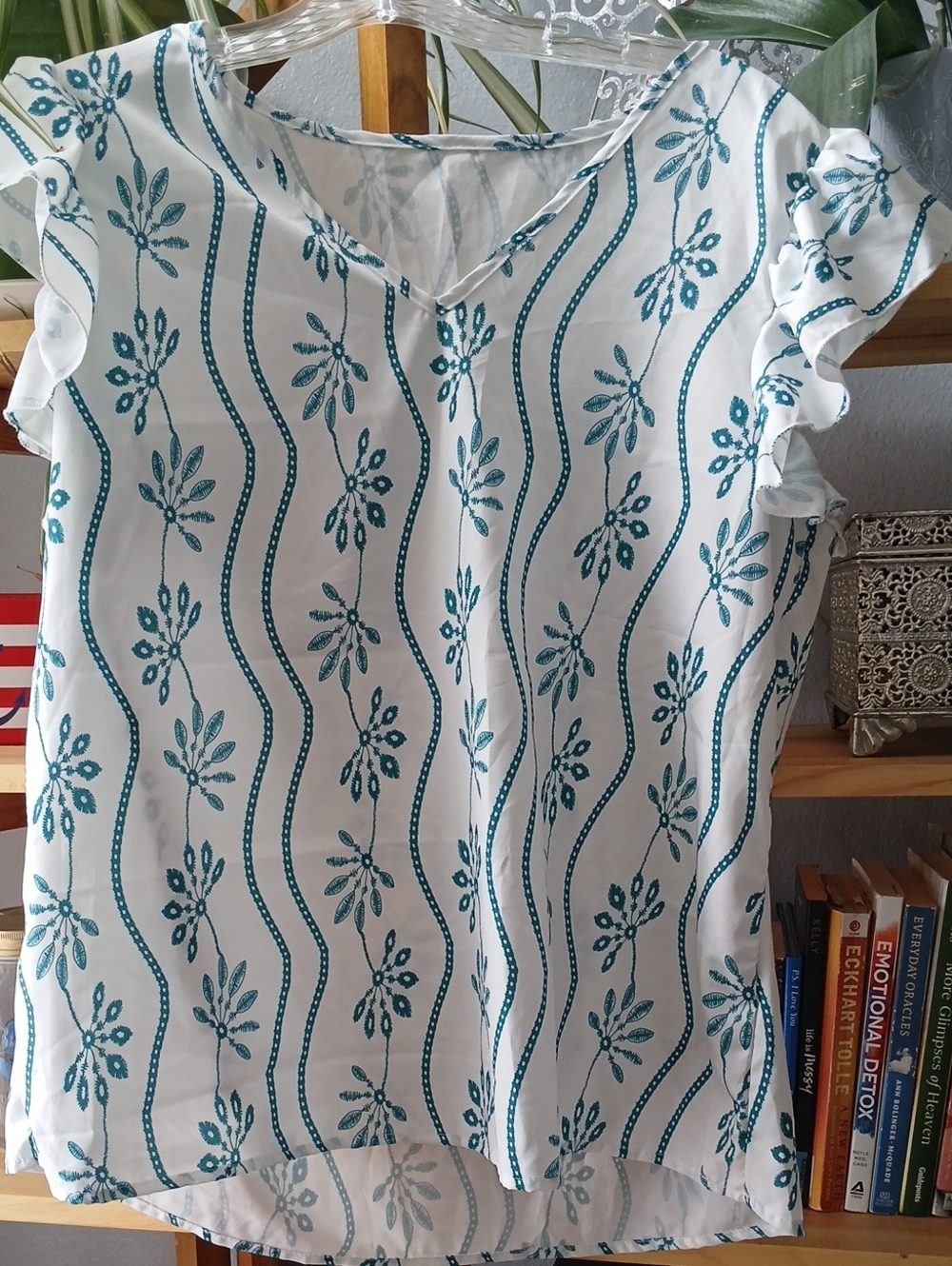 Women’s White Flutter Sleeve Top with Teal Floral Stripe Print